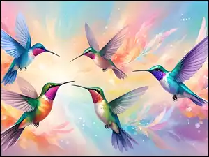 Grafika, Kolorowe, Kolibry, Ptaki
