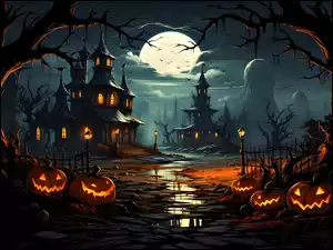 Drzewa, Dynie, Noc, Halloween, Zamki, Grafika
