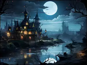 Drzewa, Oświetlony, Fantasy, Rzeka, Księżyc, Noc, Zamek