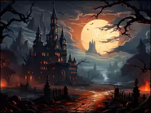 Fantasy, Zamek, Drzewa, Księżyc
