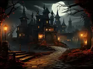 Zamek, Noc, Schody, Grafika, Drzewa, Latarnie, Księżyc