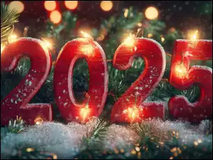 Grafika, Nowy Rok, Światełka, Świerkowe, Śnieg, 2025, Data, Zima, Gałązki