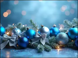Niebieskie, Boże Narodzenie, Kokardy, Grafika, Bombki, Sosna