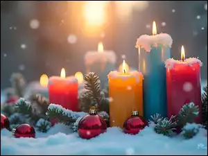 Świece, Bombki, Grafika, Kolorowe, Śnieg, Boże Narodzenie, Stroik