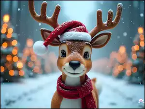 Czapka, Mikołaja, Grafika, Renifer, Zima, Śnieg, Szalik