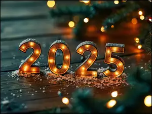 2025, Nowy Rok, Podświetlone, Deski, Cyfry, Grafika