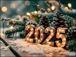 Nowy Rok, Sylwester, Gałązki, Śnieg, 2025, Szyszki