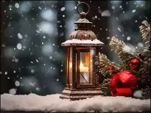 Boże Narodzenie, Dekoracja, Śnieg, Bombki, Gałązki, Lampion, Świeca, Zima, Czerwone
