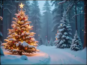 Boże Narodzenie, Choinka, Zima, Grafika, Las, Śnieg