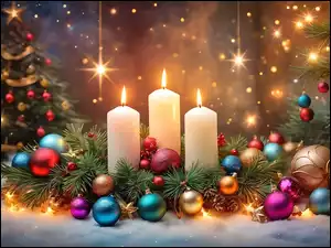 Świece, Bombki, Grafika, Boże Narodzenie, Lampion, Sosny, Gałęzie