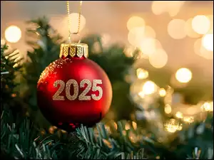 Bombka, 2025, Czerwona, Gałązki, Nowy Rok