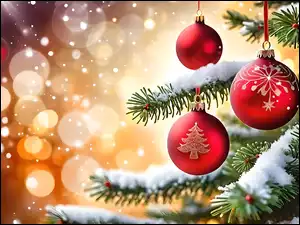 Choinka, Grafika, Bombki, Czerwone, Boże Narodzenie