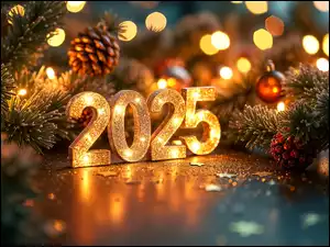 2025, Grafika, Cyfry, Nowy Rok, Szyszki