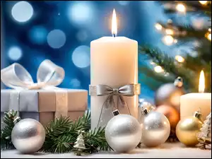 Bombki, Świece, Prezent, Grafika, Świerk, Boże Narodzenie