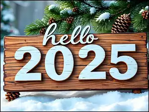 Śnieg, Sylwester, 2025, Gałązki, Grafika, Deska, Szyszki, Nowy Rok