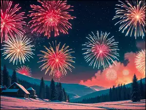 Sylwester, Grafika, Góry, Zima, Fajerwerki, Domy