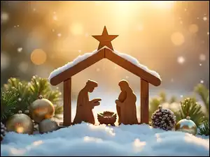 Bombki, Żłóbek, Śnieg, Boże Narodzenie, Gałązki, Grafika
