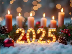 Świerkowe, Nowy Rok, Świece, Gałązki, 2025, Śnieg, Grafika, Szyszki
