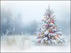 Kolorowe, Choinka, Śnieg, Boże Narodzenie, Bombki, Zima