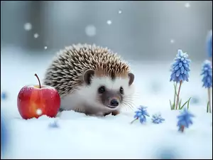 Jabłko, Niebieskie, Grafika, Jeż, Śnieg, Szafirki, Kwiaty