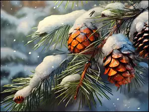 Szyszki, Zima, Gałązki, Grafika, Śnieg, Sosny