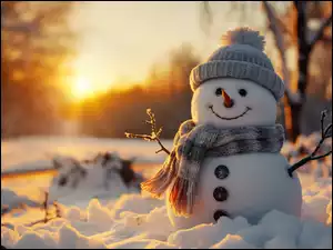 Śnieg, Bałwan, Słońce, Zima, Szalik, Czapka, Szara
