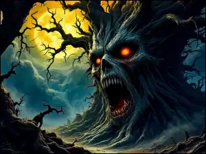 Wilkołak, Chmury, Drzewa, Fantasy, Zachód słońca
