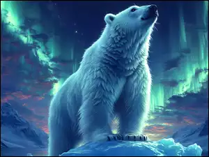 Zorza polarna, Grafika, Niedźwiedź polarny, Góra lodowa