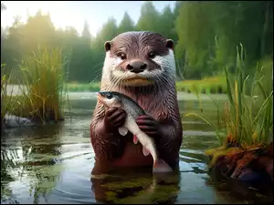 Wydra z rybą w łapach w jeziorze