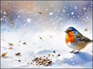 Śnieg, Grafika, Ptak, Kolorowy, Ziarna