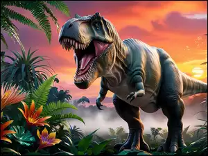 Paprocie, Dinozaur, Zachód słońca, Kwiaty