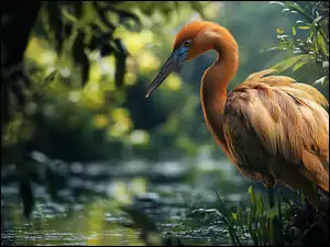 Brązowa, Czapla, Grafika, Ptak, Liście, Gałęzie, Woda