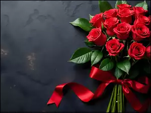 Róże, Kwiaty, Wstążka, Czarne tło, Czerwone, Kokarda