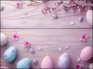 Różowe, Niebieskie, Kwiaty, Wielkanoc, Różowe, Gałązki, Pisanki