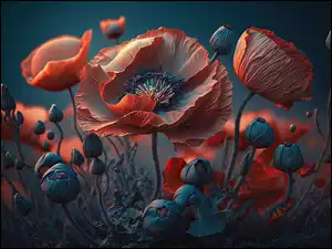 Grafika, Maki, Kwiaty, Pąki