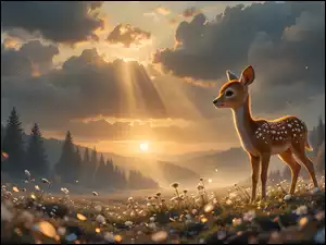 Bambi na łące w promieniach zachodzącego słońca i chmur na niebie
