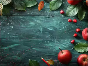 Jabłka, Zielone, Ołówek, Czerwone, Deski, Pomalowane, Listki