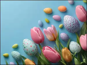 Pisanki, Wielkanoc, Tulipany, Tło, Kolorowe, Niebieskie