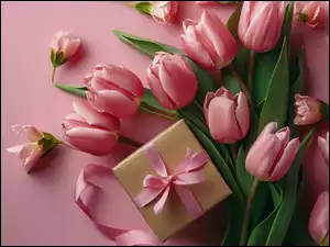 Tulipany, Różowe, Tło, Kwiaty, Różowe, Kokarda, Prezent