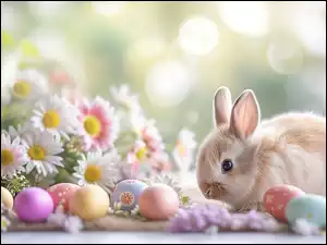 Kolorowe, Wielkanoc, Kwiaty, Grafika, Pisanki, Królik