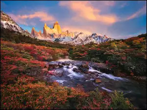 Jesień, Argentyna, Szczyt, Drzewa, Patagonia, Fitz Roy, Rzeka, Góry