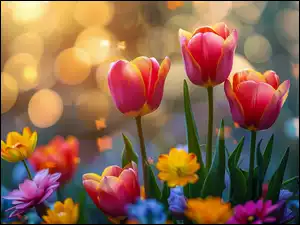 Bokeh, Kwiaty, Czerwono-żółte, Tulipany