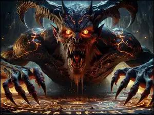 Diabeł, Rogi, Oczy, Fantasy, Świecące, Pazury, Kły