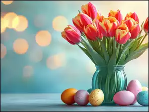 Wielkanoc, Kwiaty, Wazon, Niebieskie, Żółto-czerwone, Pisanki, Tło, Tulipany