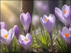 Krokusy, Fioletowe, Słoneczne, Grafika, Kwiaty, Światło