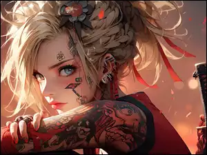 Blondynka, Miecz, Dziewczyna, Anime, Tatuaż