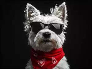 Biały pies w czarnych okularach i czerwonej chuście na czarnym tle