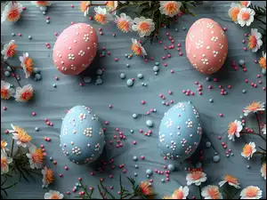 Kulki, Różowe, Niebieskie, Kwiaty, Czerwone, Niebieskie, Pisanki, Wielkanoc, Pomarańczowo-białe