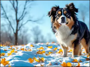 Zima, Grafika, Śnieg, Liście, Pies, Żółte