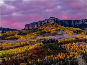 Niebo, Kolorado, Las, Skały, Drzewa, San Juan Mountains, Jesień, Stany Zjednoczone, Góry